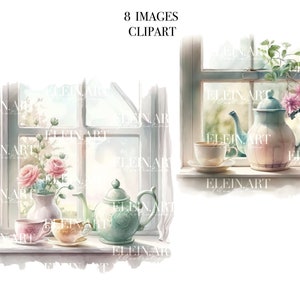 Tee-Party Aquarell Clipart, Fenster Aquarell Clipart, Aquarell Fenster Haus, Scrapbooking Clipart, Teekanne Teetasse Kunst, Digitaler Tee