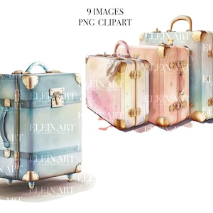 Imágenes prediseñadas de maleta de viaje, imágenes prediseñadas de viaje en acuarela, imágenes prediseñadas de vacaciones en acuarela, imágenes prediseñadas de turismo, ilustración digital de viajes