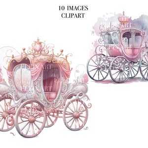 Aquarela de menina, clipart de carruagem, arte de chá de bebê, clipart de aniversário, carruagem de princesa, carruagem de conto de fadas em aquarela, arte de princesa