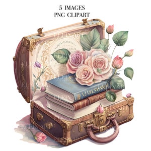 Puede incluir: Una maleta vintage abierta con un cierre dorado y detalles en latón. En el interior, hay tres libros apilados uno encima del otro. Un ramo de rosas rosas con hojas verdes está encima de los libros. La maleta está sobre un fondo blanco.