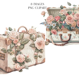 Imágenes prediseñadas de maleta de viaje, imágenes prediseñadas de viaje de acuarela, ilustración digital de viajes, paquete de imágenes prediseñadas de flores, imágenes prediseñadas de vacaciones, imágenes prediseñadas de turismo