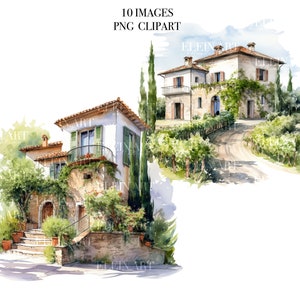 Italy Clipart, Vineyard Watercolor, Tuscany Clipart, Watercolor Home Clipart, Cottage Clipart, House Clipart, Landscape Clipart, Italy PNG