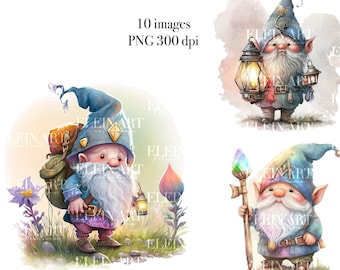 May include: Three digital illustrations of gnomes with blue hats and white beards. The gnome on the left is carrying a backpack and holding a lantern. The gnome in the middle is holding a lantern in each hand. The gnome on the right is holding a paintbrush with a rainbow-colored tip.