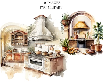 Imágenes prediseñadas de acuarela del hogar de la cocina, imágenes prediseñadas de la cocina del campo, imágenes prediseñadas de la granja de la acuarela, acuarela de la cocina, PNG de la acuarela