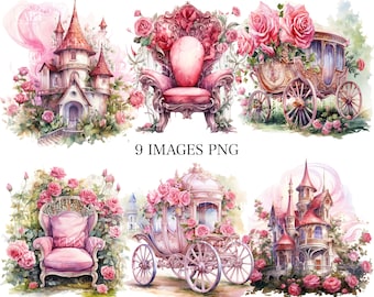 Pink Castle, Watercolor Princess Carriage Clipart, Clipart Castle Watercolor, Fairytale Carriage, Princess Birthday, Castle Princess Clipart