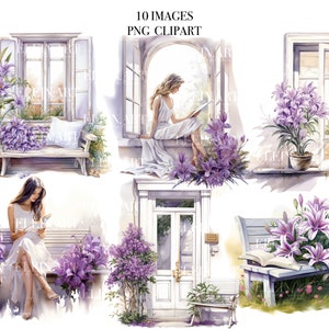 Clipart de janela, clipart aconchegante, janela em aquarela, PNG de janela de flores, clipart de casa de campo, clipart de menina de verão, clipart de menina de flores, clipart de porta
