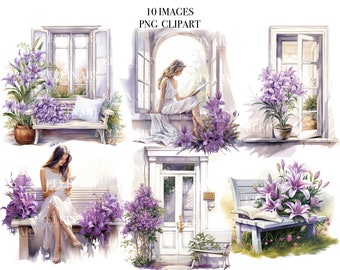 Window Clipart, Cozy Clipart, Watercolor Window, Flower Window PNG, Cottage Clipart, Summer Girl Clipart, Flowers Girl Clipart, Door Clipart