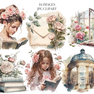 Watercolor Book Clipart, Book Watercolor Flower, Watercolor Library Clipart, Book Reading Watercolor, Interior Library, Books Illustration