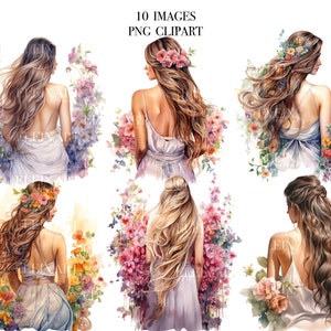 Clipart de menina aquarela, aquarela de menina de verão, clipart de flores de menina, clipart de menina de moda, arte de ilustração de menina, arte PNG de meninas de primavera