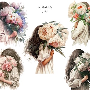 Boho Girls Clipart, Girls Printable Clipart, Digital Watercolor Illustration Girl, Girl Watercolor Clipart , Girl Flowers Clipart, Girl Art