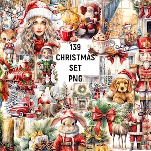 Christmas Watercolor Clipart, Christmas Clipart PNG, Christmas Graphics, Santa Digital Clipart PNG, Christmas Bundle, Christmas illustration