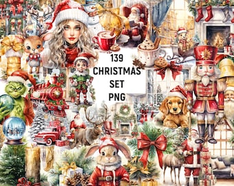 Christmas Watercolor Clipart, Christmas Clipart PNG, Christmas Graphics, Santa Digital Clipart PNG, Christmas Bundle, Christmas illustration