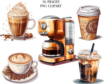 Clipart de café em aquarela, clipart de bebidas de café, clipart de café da manhã, café PNG, grãos de café PNG, xícara de café clipart, pacote de café PNG