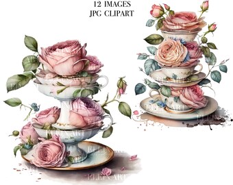 Clipart de xícara de chá em aquarela, clipart de festa de chá em aquarela, clipart de xícara de chá digital, download de xícara de chá, clipart de xícaras, clipart de xícara de chá de flores