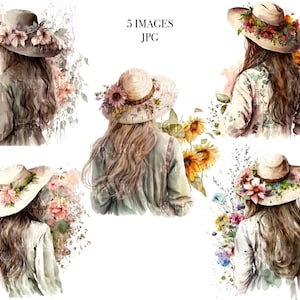 Country Girl Watercolor, Boho Girls clipart, Digital Watercolor Illustration Girl, Girl Flowers Clipart, Watercolor Fashion Girl