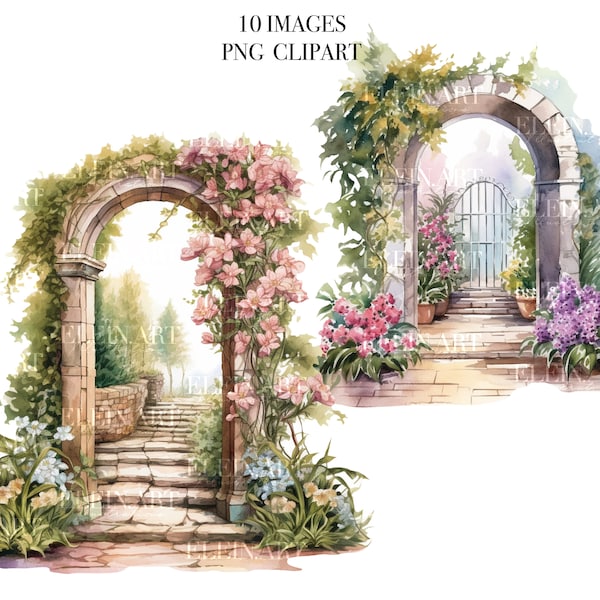 Watercolor Garden Clipart, Garden Flowers Clipart, Secret Garden, Watercolor Arches Clipart, Garden Gates Clipart, Garden Roses Clipart