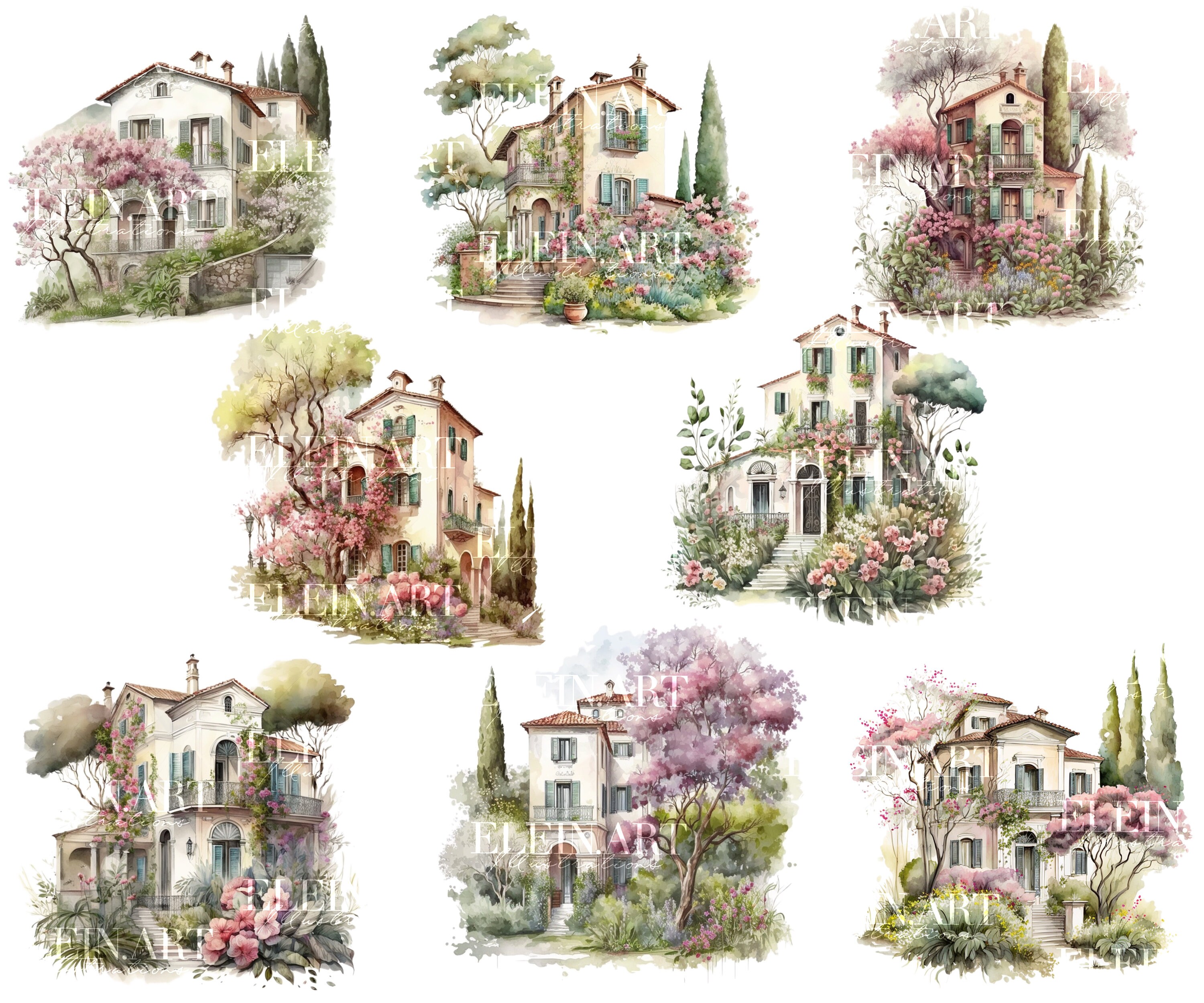 House Watercolor Clipart, Garden Farmhouse Watercolor, Country Garden ...