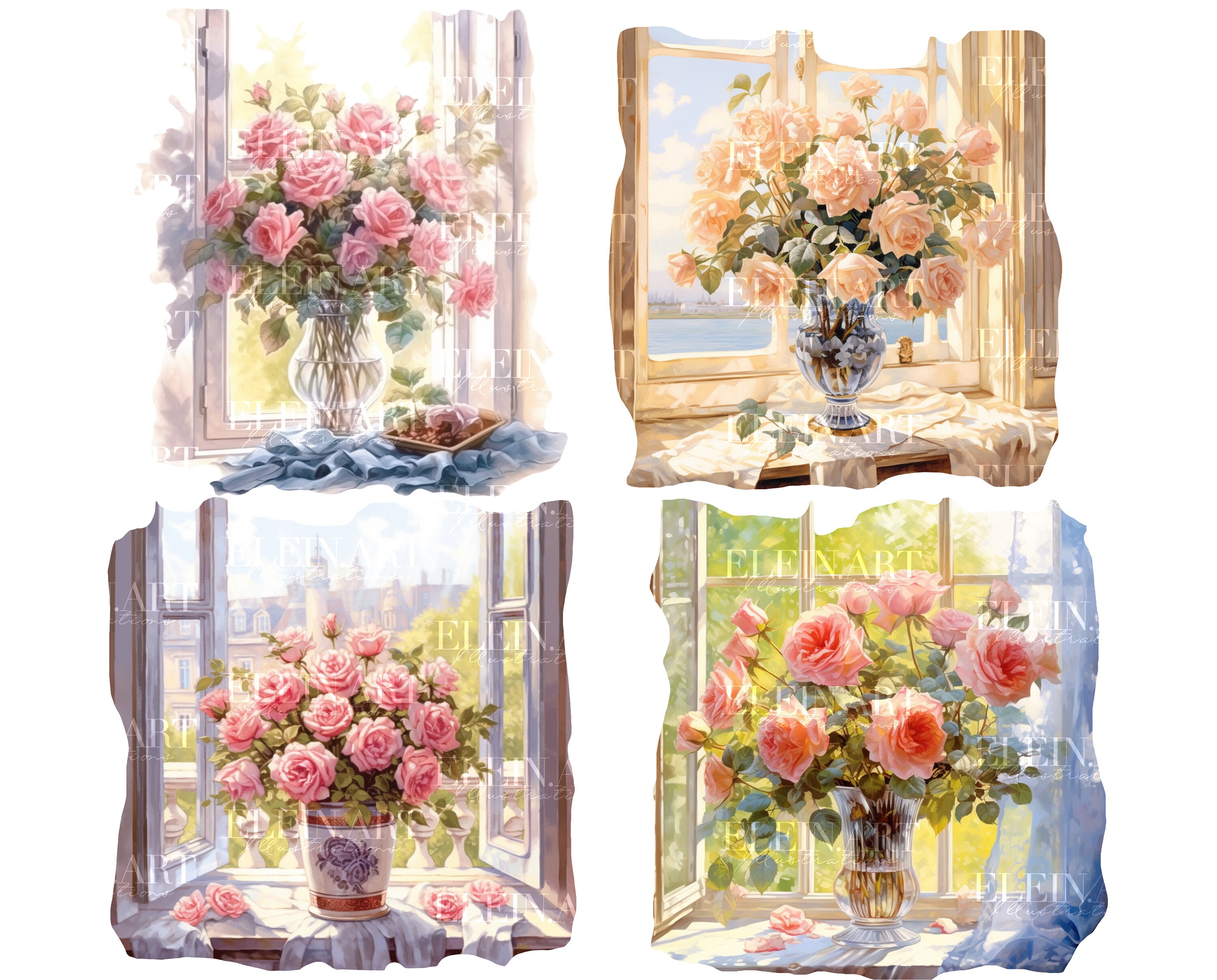 Window Clipart, Watercolor Window, Flower Window Watercolor, Vases ...