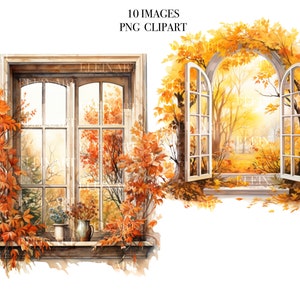 May include: Two watercolour illustrations of windows with autumn foliage. The first window is closed and shows a view of trees with red and orange leaves. The second window is open and shows a view of a path through a forest with autumn foliage.