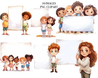 Cartoon Kids Clipart, Cartoon Kids PNG, Children Clipart, School Children Watercolor, School Kids Watercolor, School Children Clipart