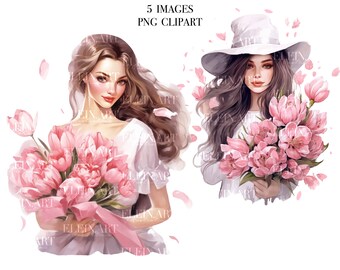 Summer Girl Clipart, Girl Watercolor, Girl Flower PNG, Spring Girl Illustration, Girl Fashion Illustration, Women Clipart PNG, Lady Clipart
