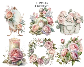 Watercolor Perfume Bottle Clipart, Watercolor Pink Roses Clipart, Watercolor Roses, Illustration Perfume Bottles, Perfume PNG, Fashion PNG