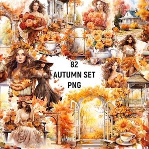 Imágenes Prediseñadas de otoño de acuarela, imágenes prediseñadas de paisajes de otoño, imágenes de paisajes de otoño, PNG de otoño de paisaje, imágenes prediseñadas de niña de otoño, PNG de otoño de acuarela
