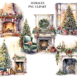 Christmas Clipart, Christmas Fireplace Clipart, Fireplace Watercolor, Christmas Images PNG, Christmas Tree Clipart, Christmas Home PNG