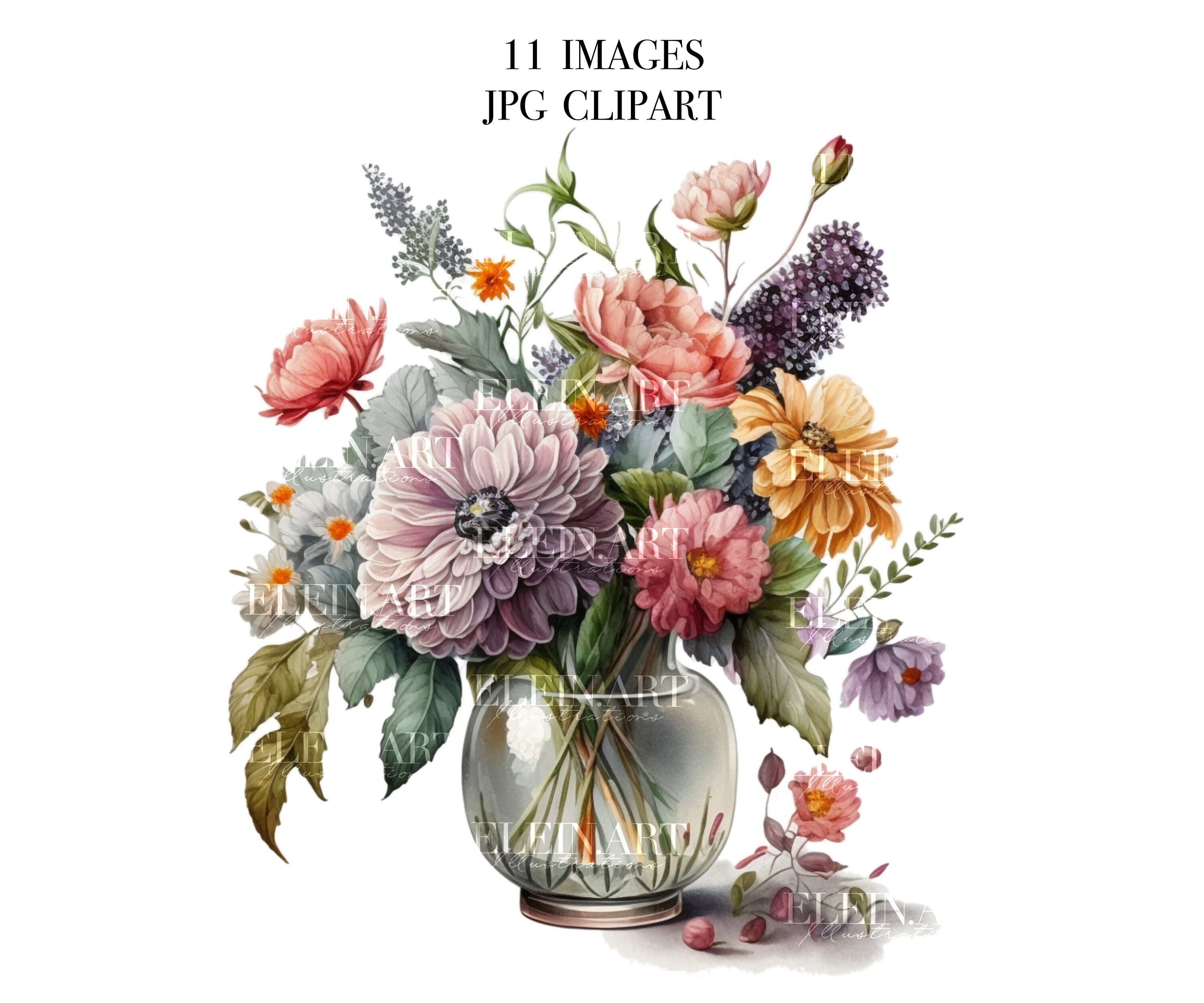 Vase of Flowers Clipart Watercolor Flowers Clipart Digital - Etsy