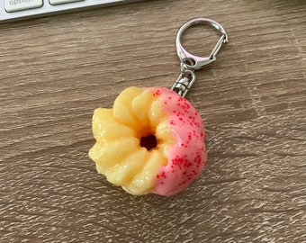 Cruller Donut Keychain Strawberry,  Dipped, Kawaii Food Jewelry, Handmade