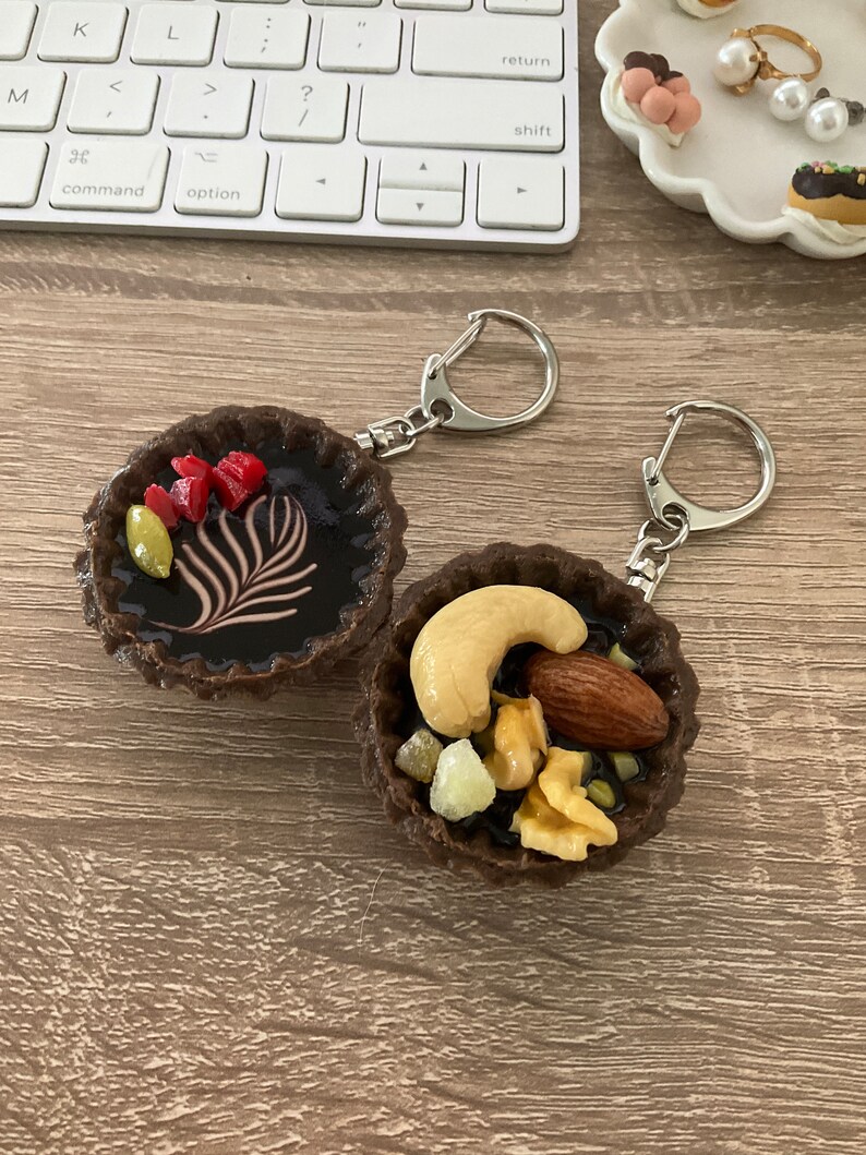 Nut Keychain Chocolate Tart Keychain With Nuts, Handmade Keychain, Chocolate ...