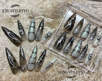 Mechanic  Press On Nails | Cool Girl Nail  | Punk Nail  | Black&Sliver Nails | Gel Fake Nails | Y2K Nail | Long Stiletto Nails 10Pcs