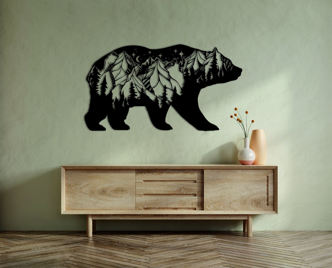 Metal Bear Decor, Bear Wall Art, Bear and Forest, Living Room Wall Art
