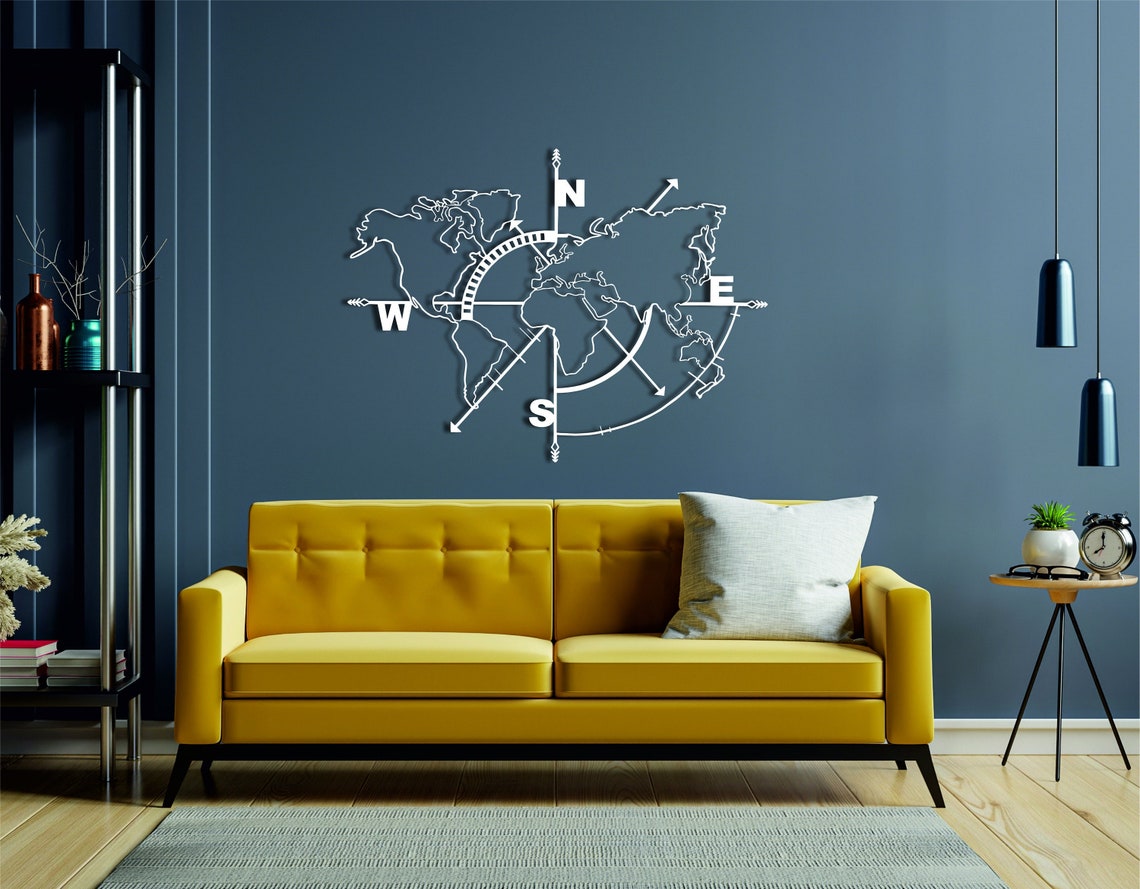 Metal World Map Wall Art, Compass World Map, Compass Wall Decor, Metal Map Wall Art, World Map