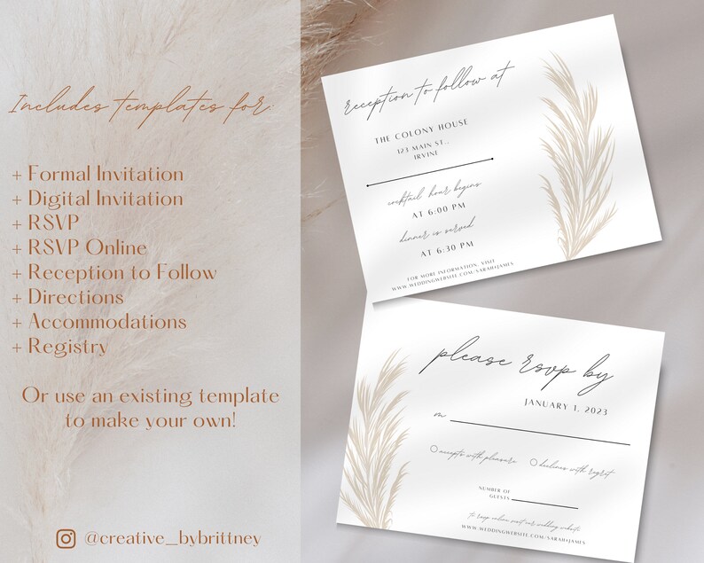 Pampas Grass Wedding Invitation Set DIGITAL DOWNLOAD Fully - Etsy