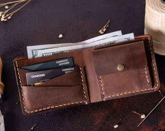 Handmade Leather Wallet with Coin Pocket, Handstitched Bifold Wallet Card Holder, Anniversary Gift