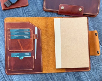 Leather Journal Notebook Padfolio Medium Size, Custom Leather Organizer Notebook with Business Card Holder. Corporate Gifts