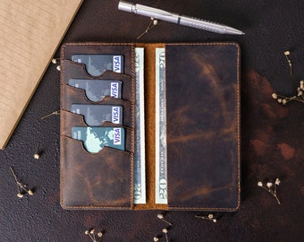 Leather Checkbook Sleeve, Checkbook Cover with card holders, Personalized Long Wallet