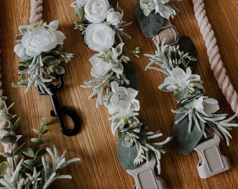 White & Green Floral Dog Collar, Wedding Flower Collar