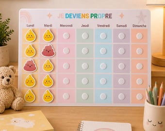 Può includere: Un colorato grafico delle faccende domestiche con il testo "JE DEVIENS PROPRE" e i giorni della settimana in francese. Il grafico ha quadrati per il monitoraggio delle attività, con adesivi di gocce gialle sorridenti e un'emoji di cacca sorridente. Sono visibili anche un orsacchiotto, libri e un quaderno.