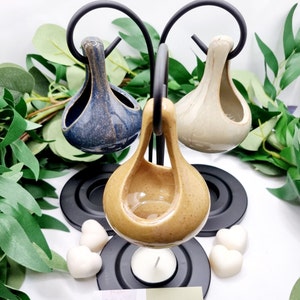 Ceramic Teardrop hanging wax/oil burner with black metal tealight holder stand