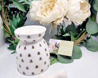 Bumble Bee Allover Print White Ceramic Oil/Wax Burner. Spring Summer collection. Perfect gift.