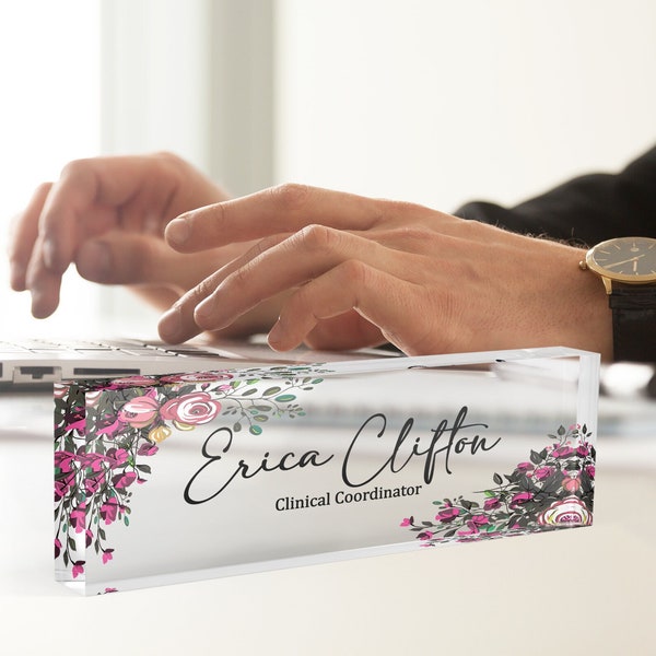 White Pink Roses Desk Name Plate - Regali per l'ufficio - Targa da scrivania personalizzata personalizzata - Accessori da scrivania - Segno per ufficio - Segno Targhe Infermiera