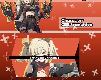 May include: An anime-style graphic with a female character holding weapons, with the text "OBS Stinger" and "Character OBS transition." The image has a red background with white cross and plus symbols. The text "CHANGING CHANNELS" is also present.