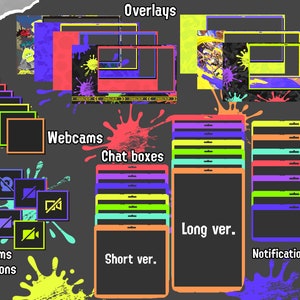 Puede incluir: Una colección de superposiciones, webcams, cuadros de chat y cuadros de notificación coloridos para streaming. Las superposiciones son de varios colores, incluyendo amarillo, verde, azul y rojo. Las webcams son de varias formas y tamaños, y los cuadros de chat son de varios colores y estilos. Los cuadros de notificación son de varios colores y estilos.