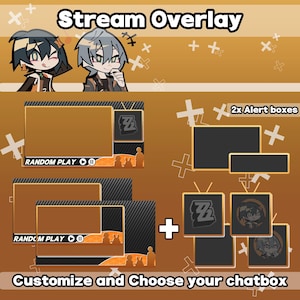 Peut inclure: Un design de superposition de flux numérique avec un schéma de couleurs marron et noir. Le design comprend des illustrations de personnages animés, des boîtes d'alerte et des options de chatbox personnalisables. Le texte comprend "Stream Overlay" et "Customize and Choose your chatbox."