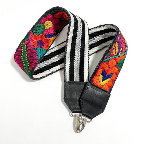 Leather and Huipil Embroidered Camera or Bag Strap