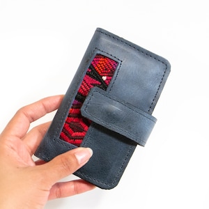 Cartera Tarjetero de Cuero y Huipil – Gris Pizarra
