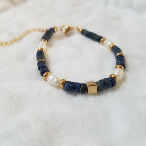 Bracelet en pierres de Lapis lazuli véritable & perles d'eau douce Acier inoxydable