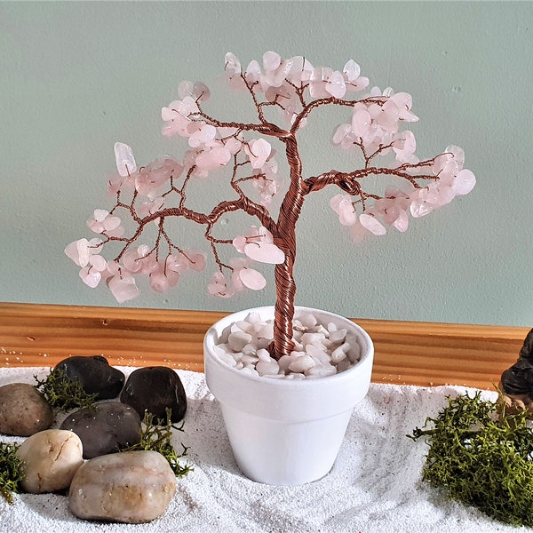 Bonsaï en Quartz rose véritable et fils de cuivre Décor Feng Shui